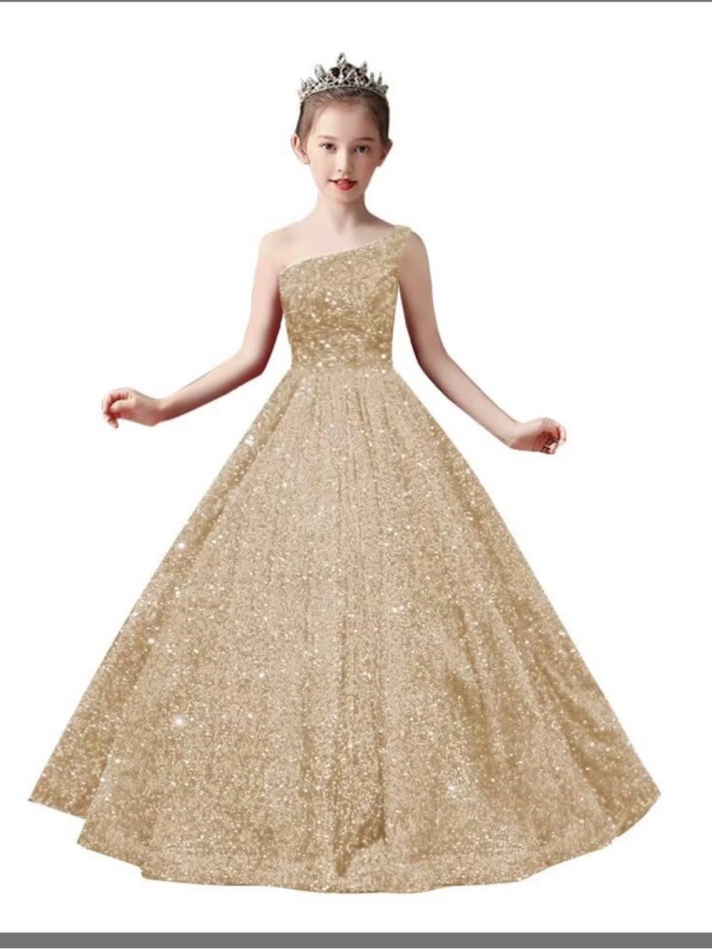 Gold One-Shoulder Sparkle Kids' Party Dress